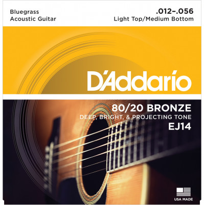 Струны для акустической гитары D'ADDARIO EJ14 бронза 80/20, Bluegrass 12-56