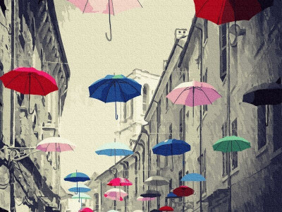 Картина по номерам 40х50 РАЗНОЦВЕТНЫЕ ЗОНТИКИ (26 цветов)