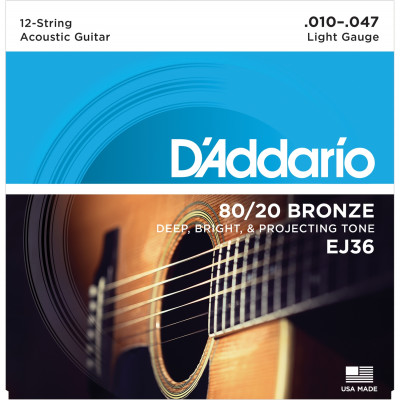 Струны для 12-струнной гитары D'ADDARIO EJ36 бронза 80/20, Light 10-47