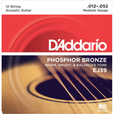 Струны для 12-струнной гитары D'ADDARIO EJ39 с обмоткой из фосфорной бронзы, Medium 12-52