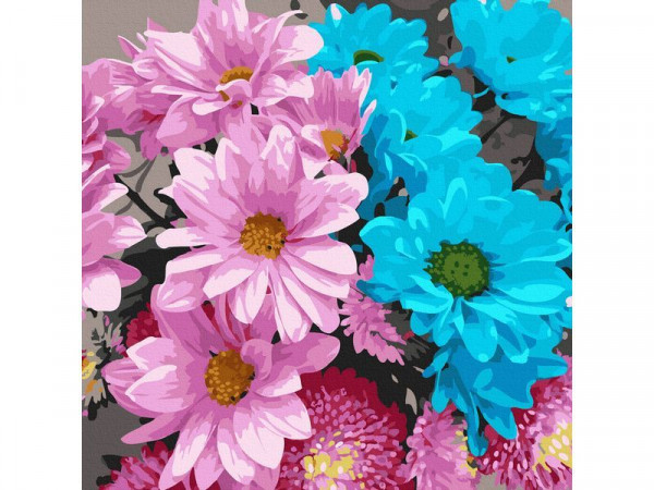 Картина по номерам 30х30 РАЗНОЦВЕТНЫЕ ХРИЗАНТЕМЫ (22 цвета)