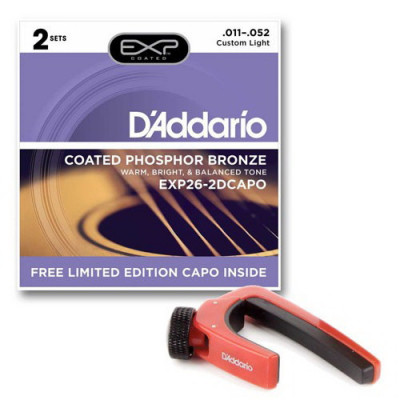 D'ADDARIO EXP26-2DCAPO. струны для акустической гитары EXP26 2 комплекта + каподастр в подарок!