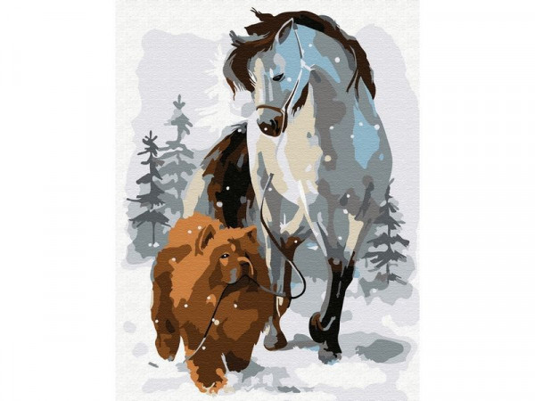 Картина по номерам 15х20 ЛОШАДЬ С СОБАКОЙ НА ПРОГУЛКЕ (13 цветов)